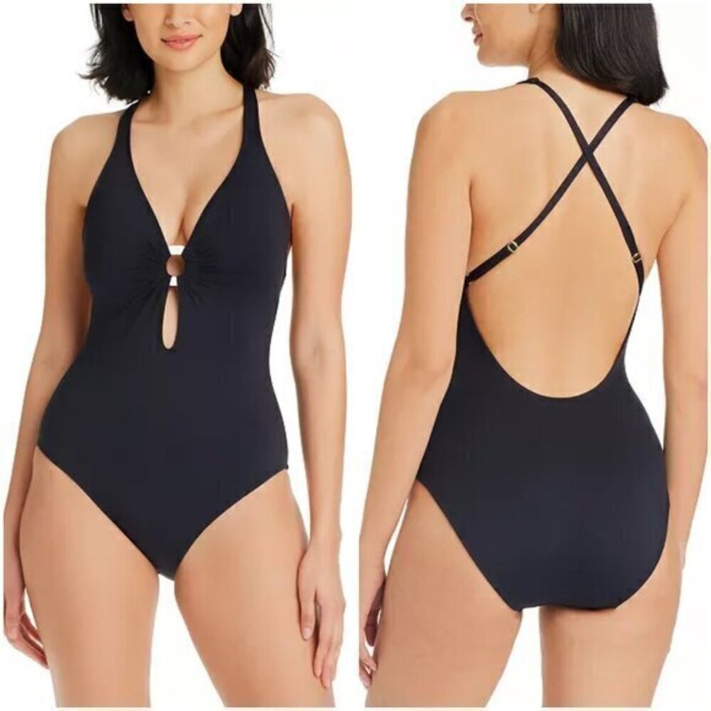 Macy's Bleu by Rod Beattie Women's Graphic Measures One Piece Swimsuit 12 NWOT